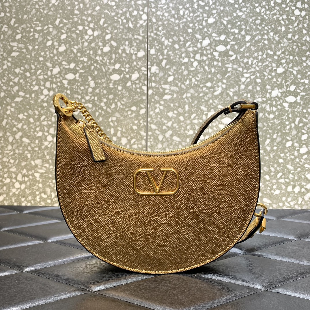 Valentino Garavani VLogo Signature Hobo Bag in Gold Grainy Calfskin Leather